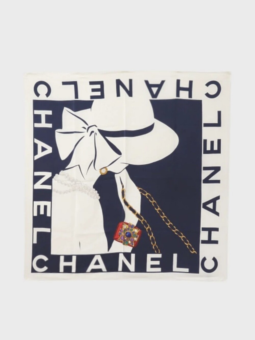 CHANEL Navy, White & Gold Silk Coco Scarf with Multicolor Accent/ EUC CONDITION!